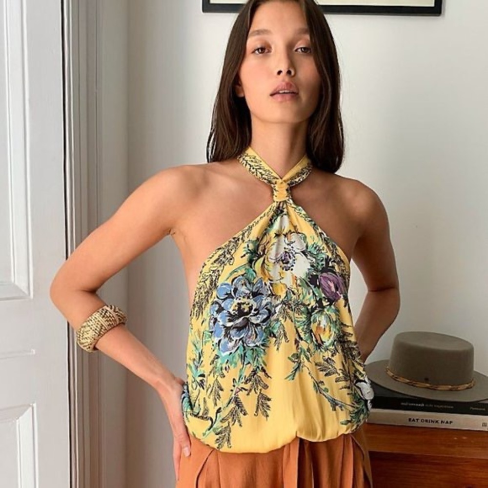 Free People Higher Love Halter Top Yellow Floral Silky Sleeveless Top